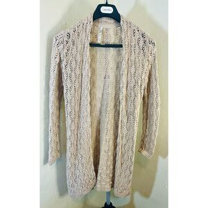 Leo & Nicole Linen Tan Pointelle Knit Open Front Cardigan Medium EUC